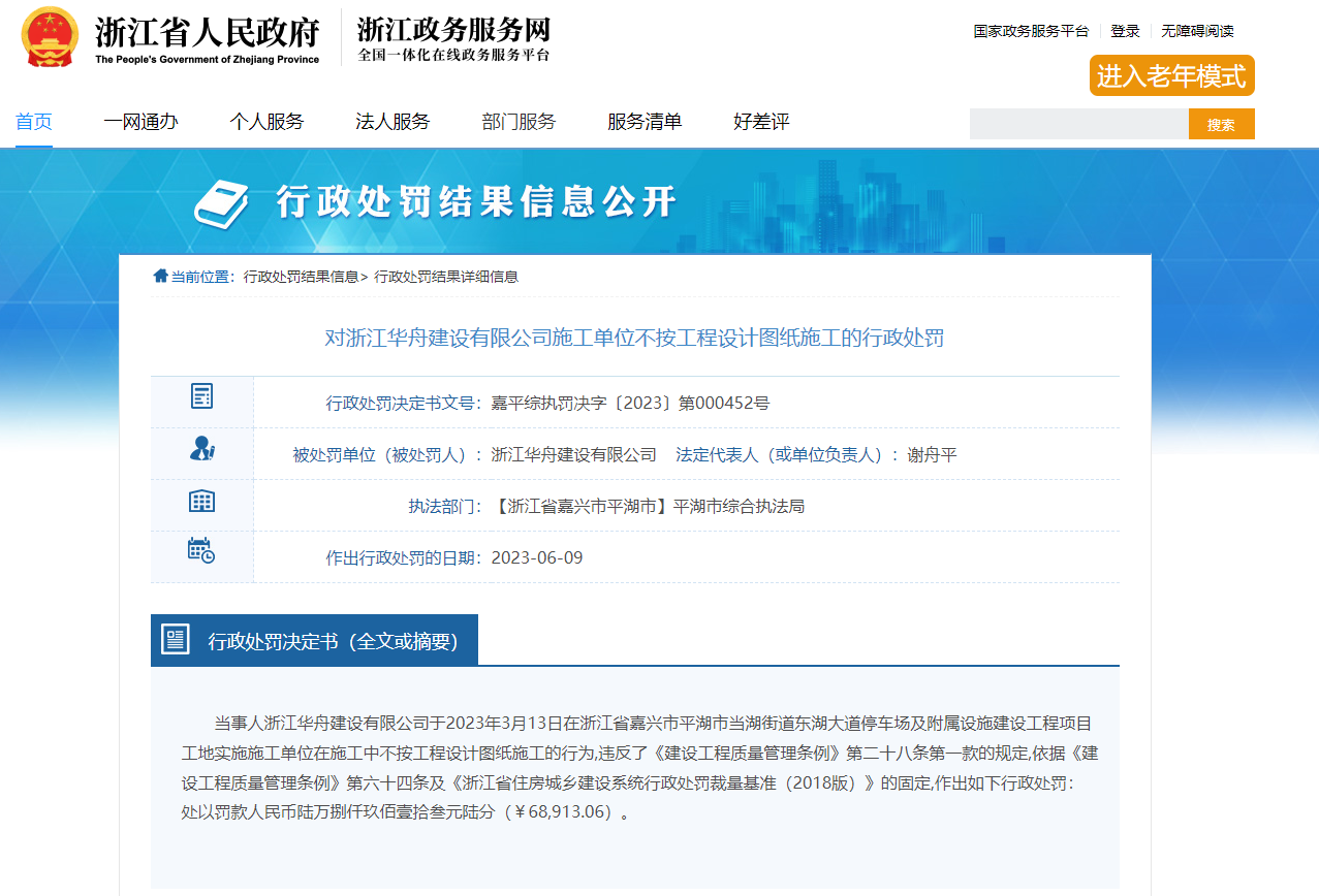 不按工程設計圖紙施工 浙江華舟建設被罰6.89萬元